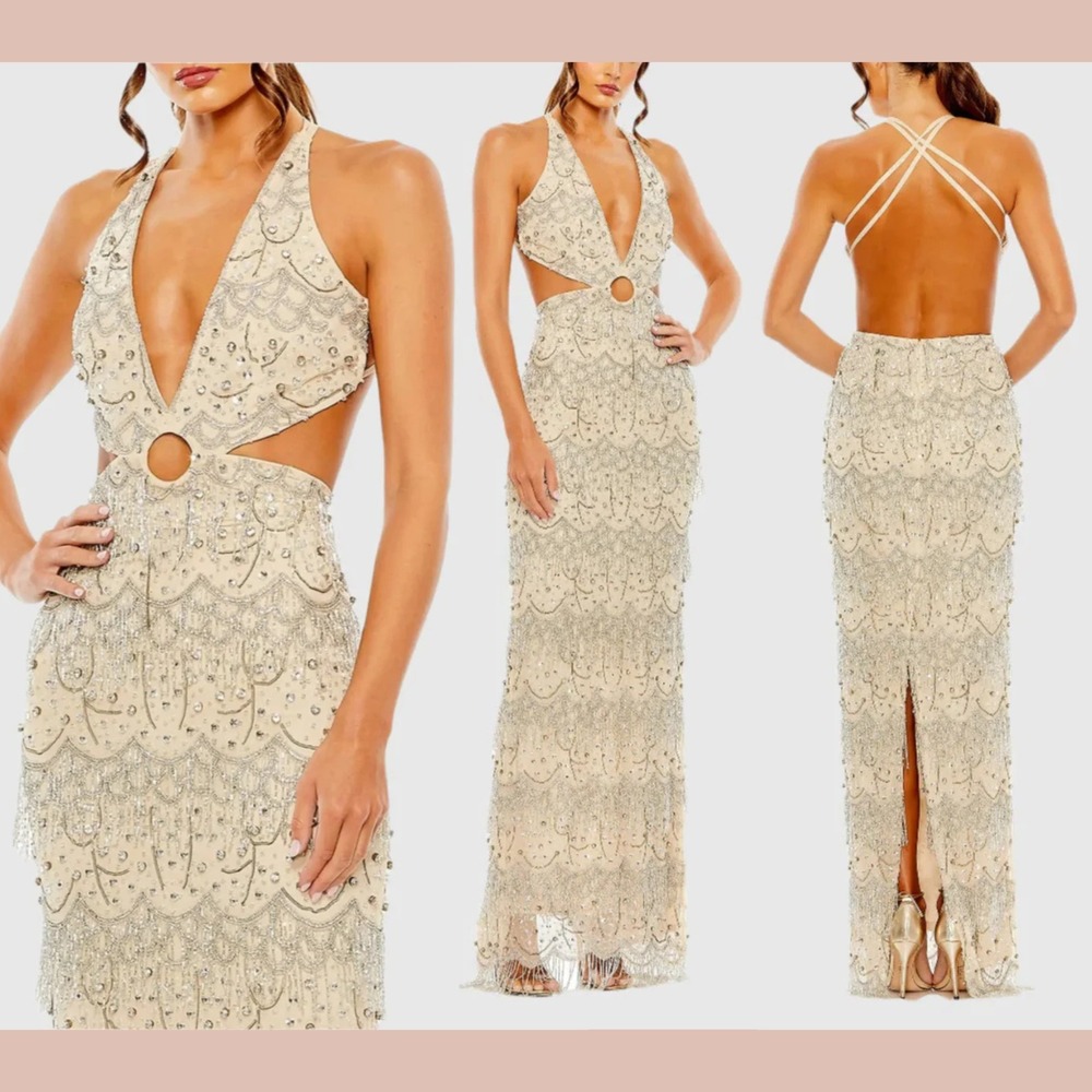 NWT Mac Duggal [ 4 ] 93956 Open Back Cut Out Fringe Embellished Gown Nude‎ J2311